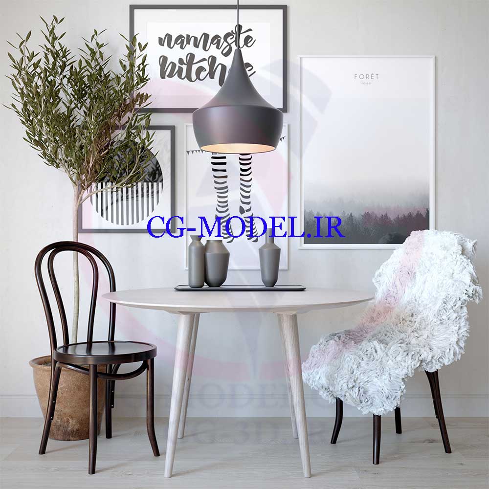 مدل سه بعدی میز و صندلی و لوازم تزئینی
