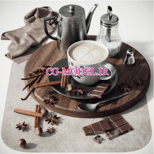 مدل سه بعدی قهوه و شکلات و ظروف